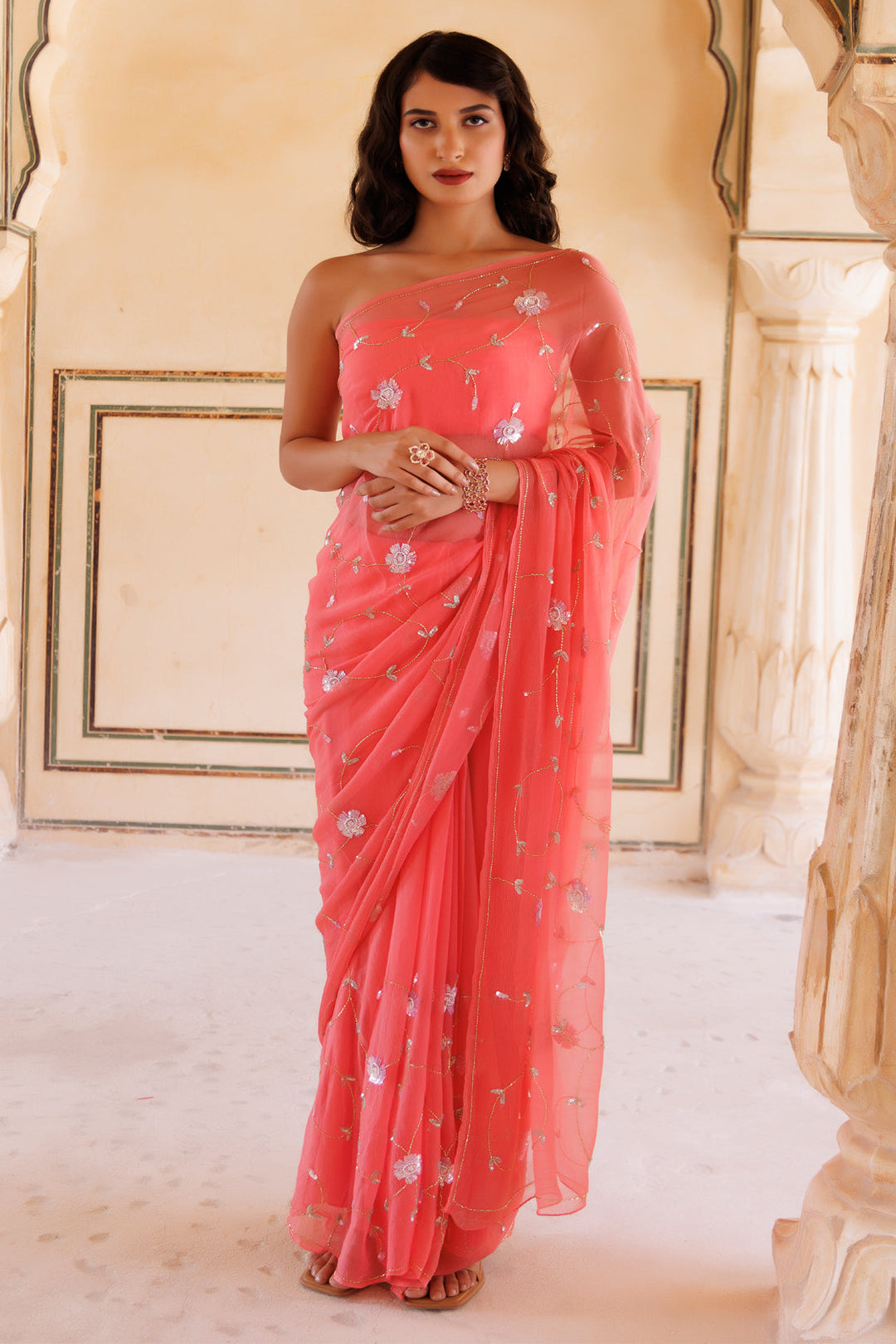 Rose Pink Hand embroidered Sequins-Tube jaal Chiffon saree - Geroo Jaipur