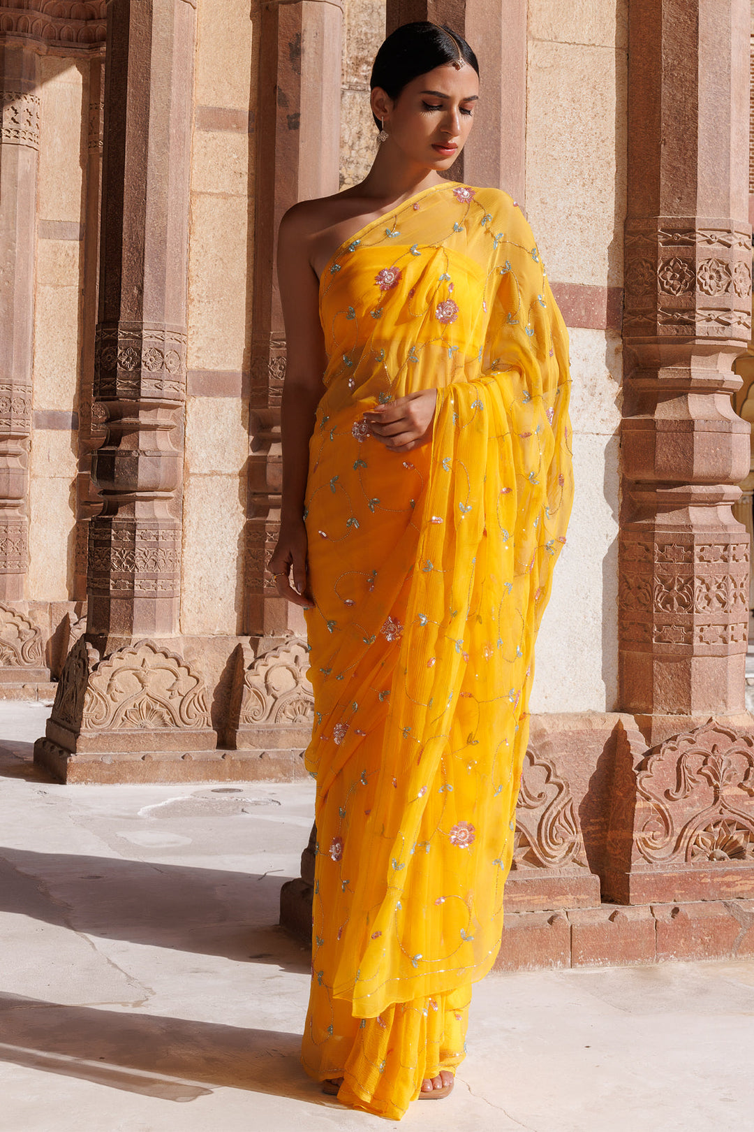 Golden Yellow Hand embroidered Sequins-Tube jaal Chiffon saree - Geroo Jaipur