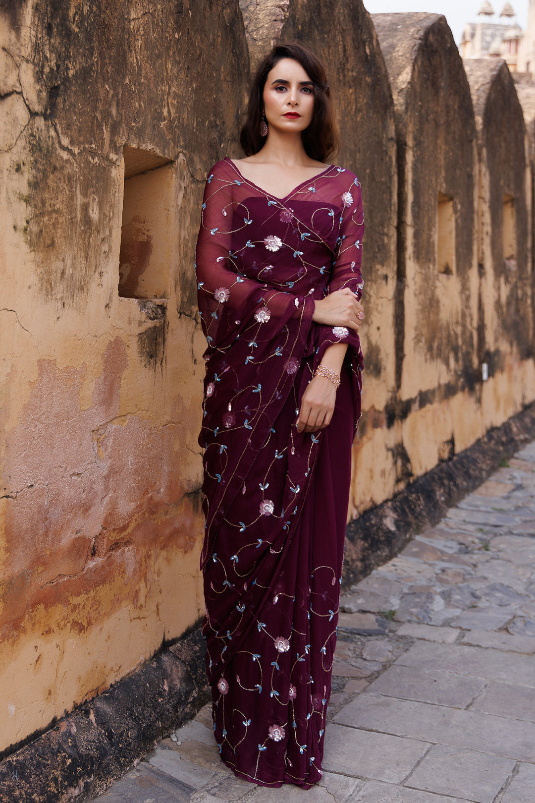 Plum Hand embroidered sequins-tube jaal chiffon saree - Geroo Jaipur