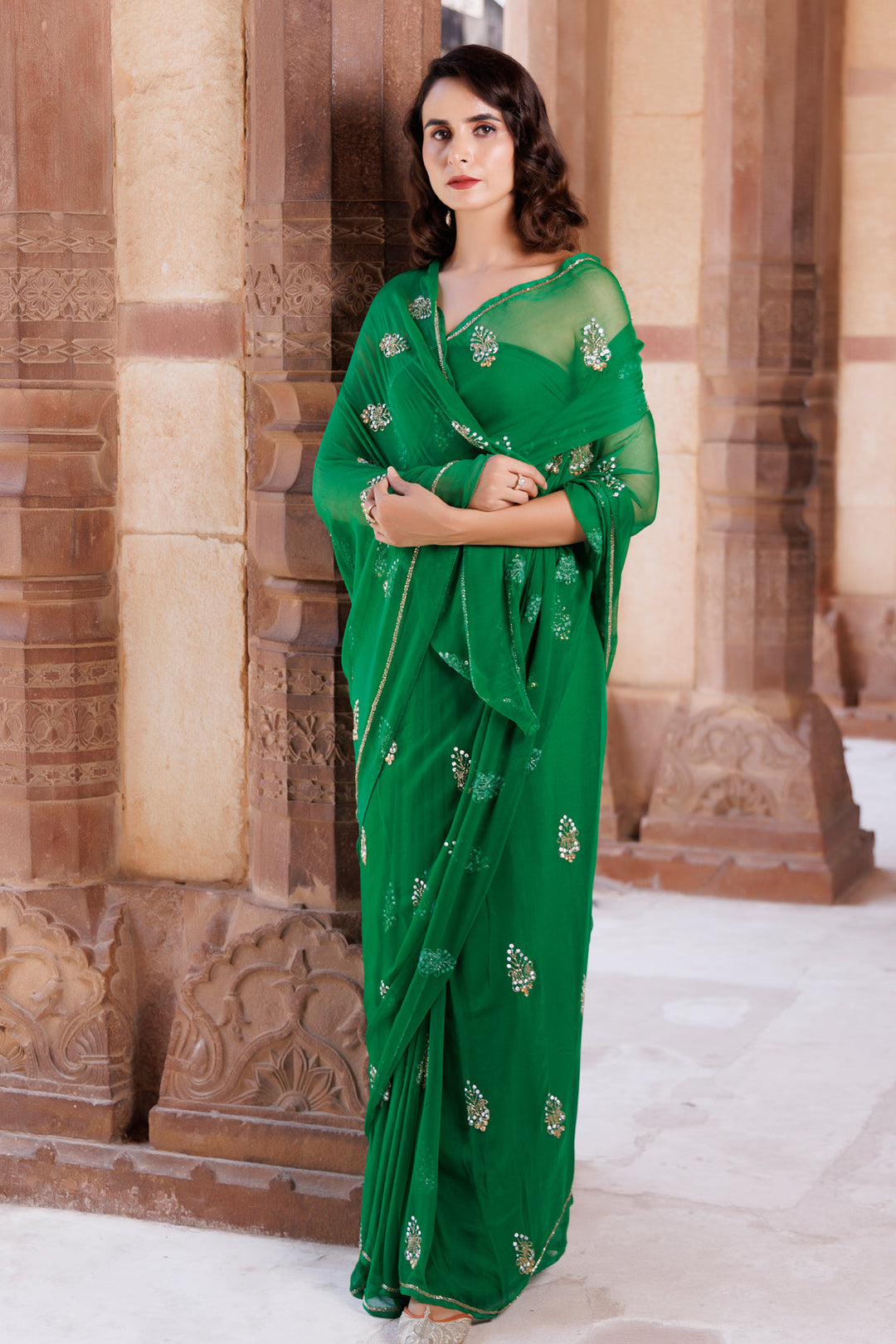 Green Hand embroidered chiffon saree - Geroo Jaipur