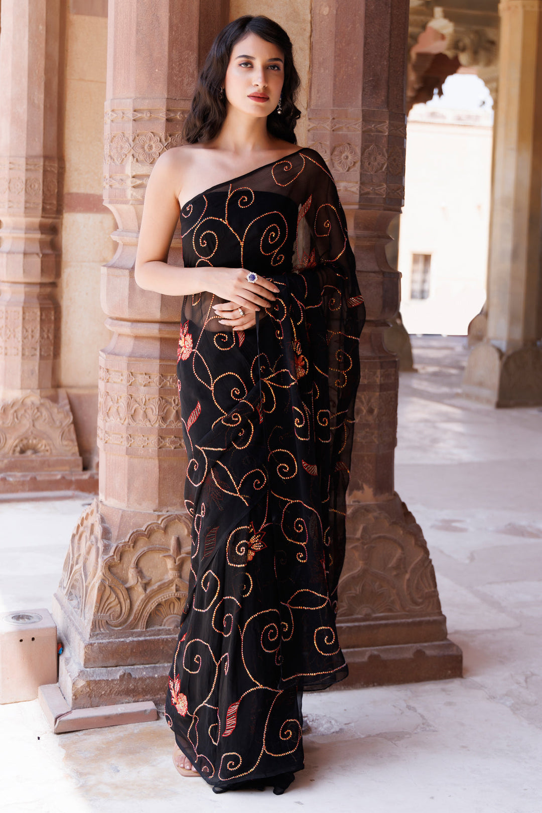 Black Hand embroidered sequins jaal chiffon saree - Geroo Jaipur