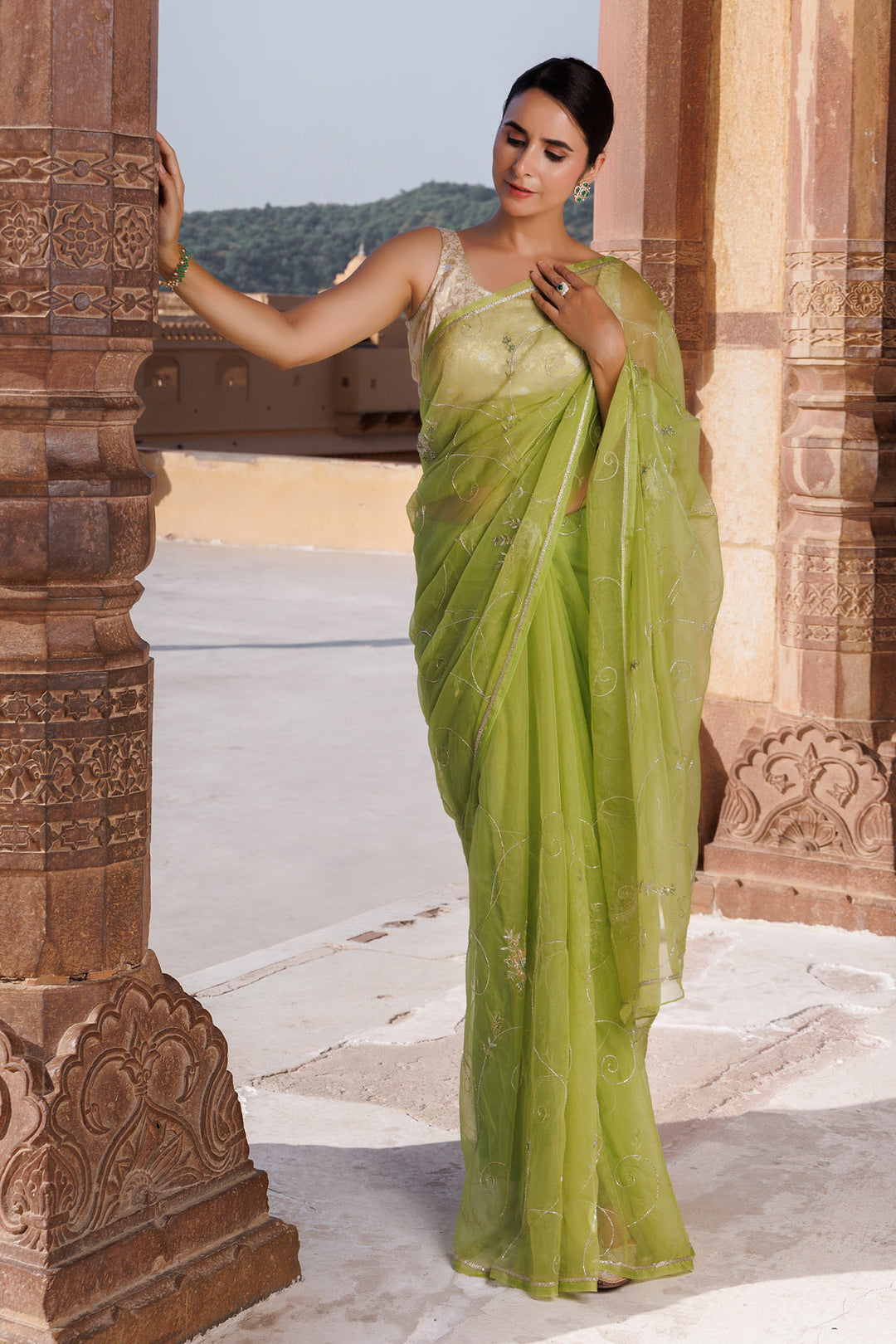 Green Hand Embroidered resham and Tube work Organza Saree - Geroo Jaipur