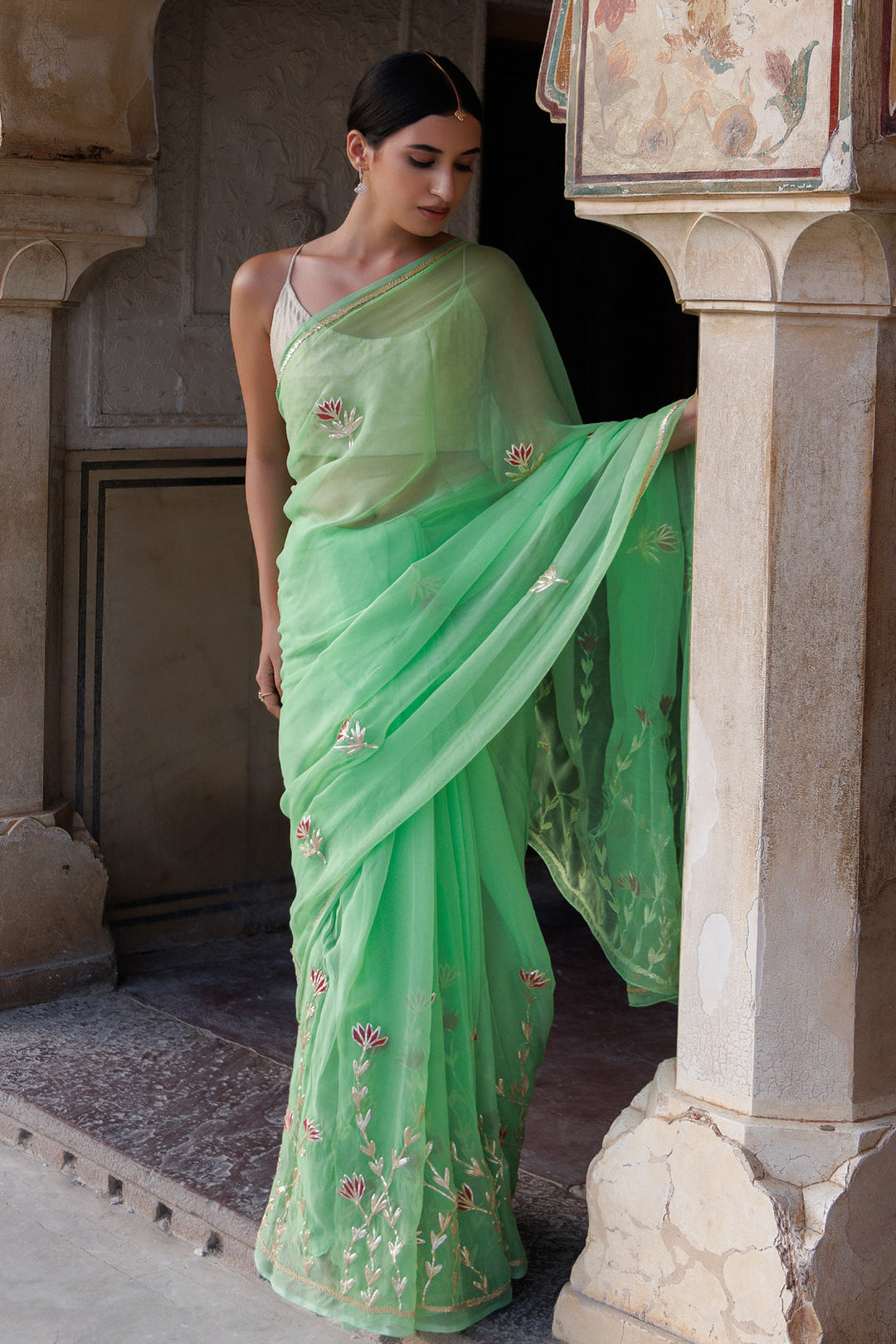 Green Hand embroidered Gota Patti Chiffon Saree - Geroo Jaipur