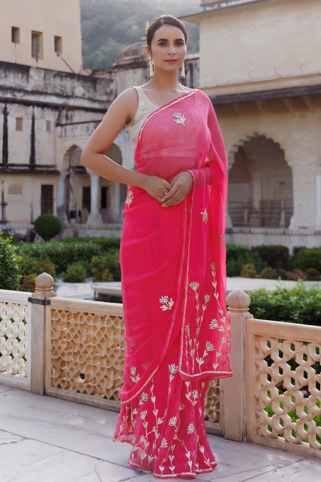 Pink Hand embroidered Gota Patti Chiffon saree - Geroo Jaipur