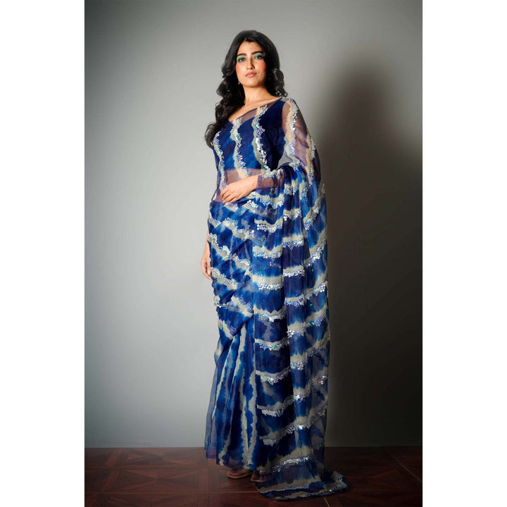 Saksham & Neharicka Blue Silk Saree with Embroidery and Unstitched Blouse with Unstitched (Set of 2)