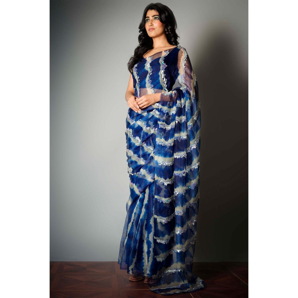 Saksham & Neharicka Blue Silk Saree with Embroidery and Unstitched Blouse with Unstitched (Set of 2)