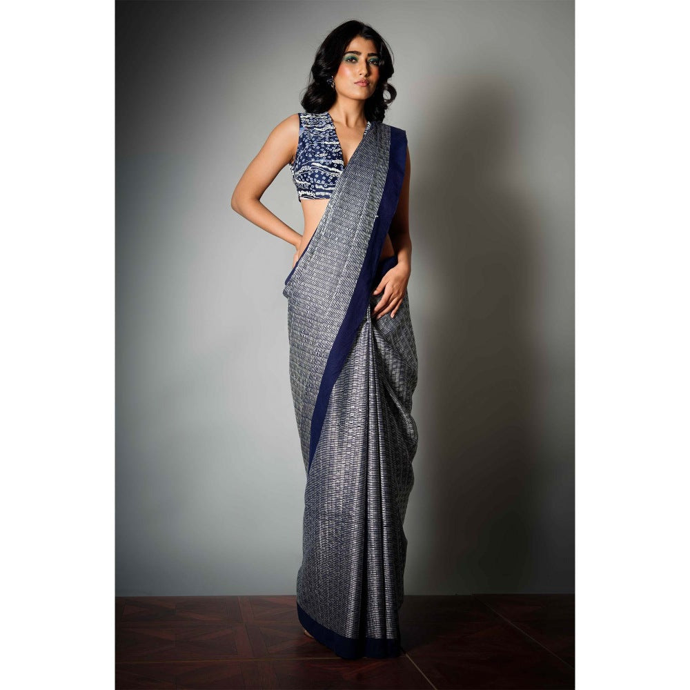Saksham & Neharicka Indigo Woven Saree and Unstitched Blouse with Unstitched (Set of 2)