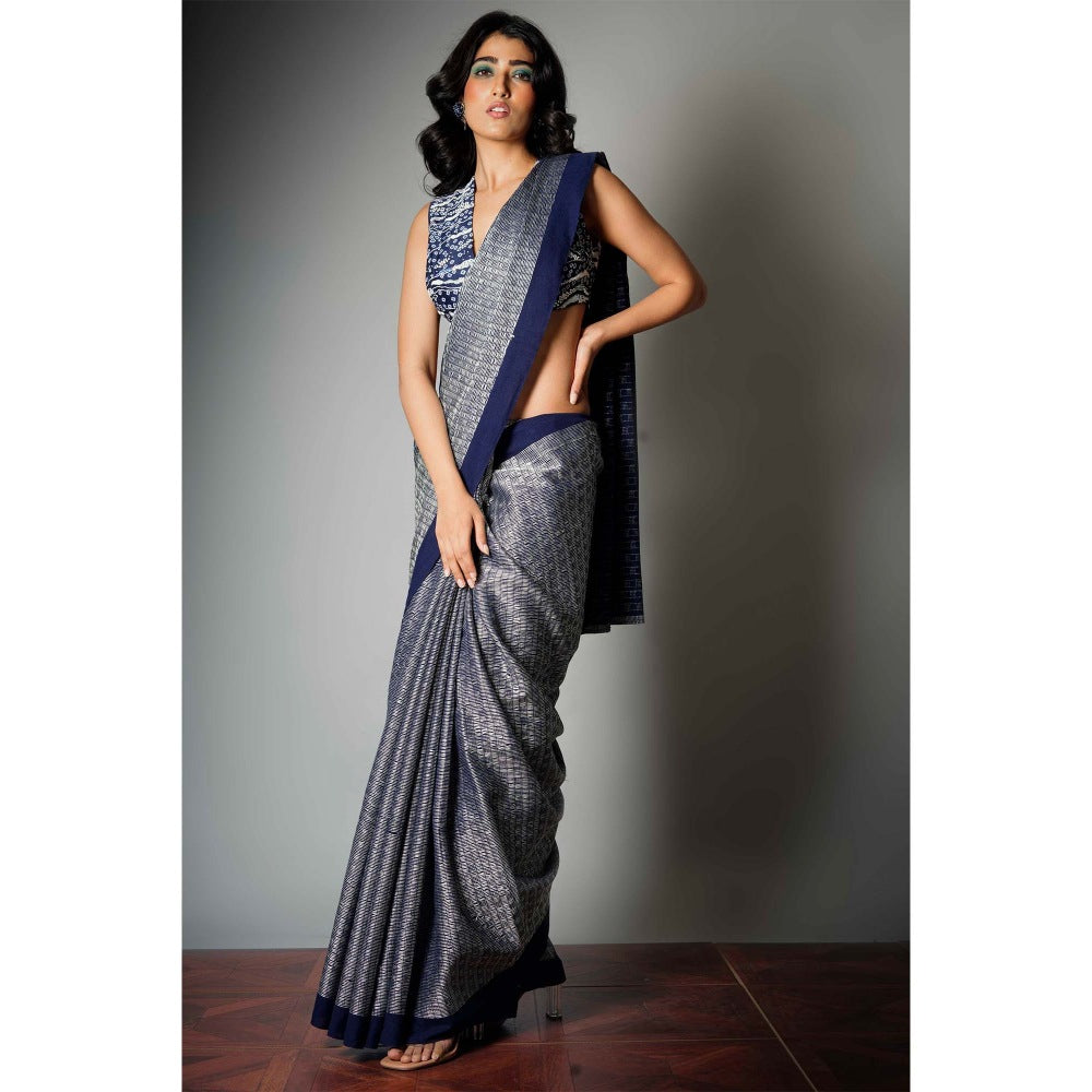 Saksham & Neharicka Indigo Woven Saree and Unstitched Blouse with Unstitched (Set of 2)