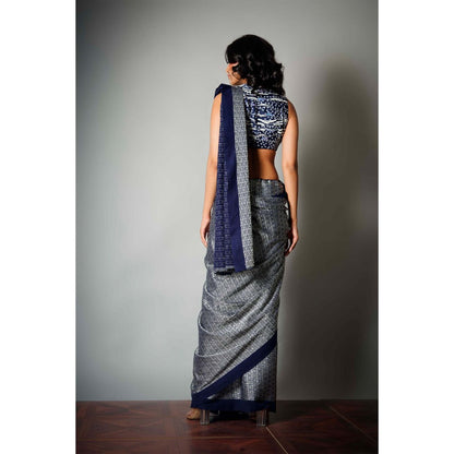 Saksham & Neharicka Indigo Woven Saree and Unstitched Blouse with Unstitched (Set of 2)