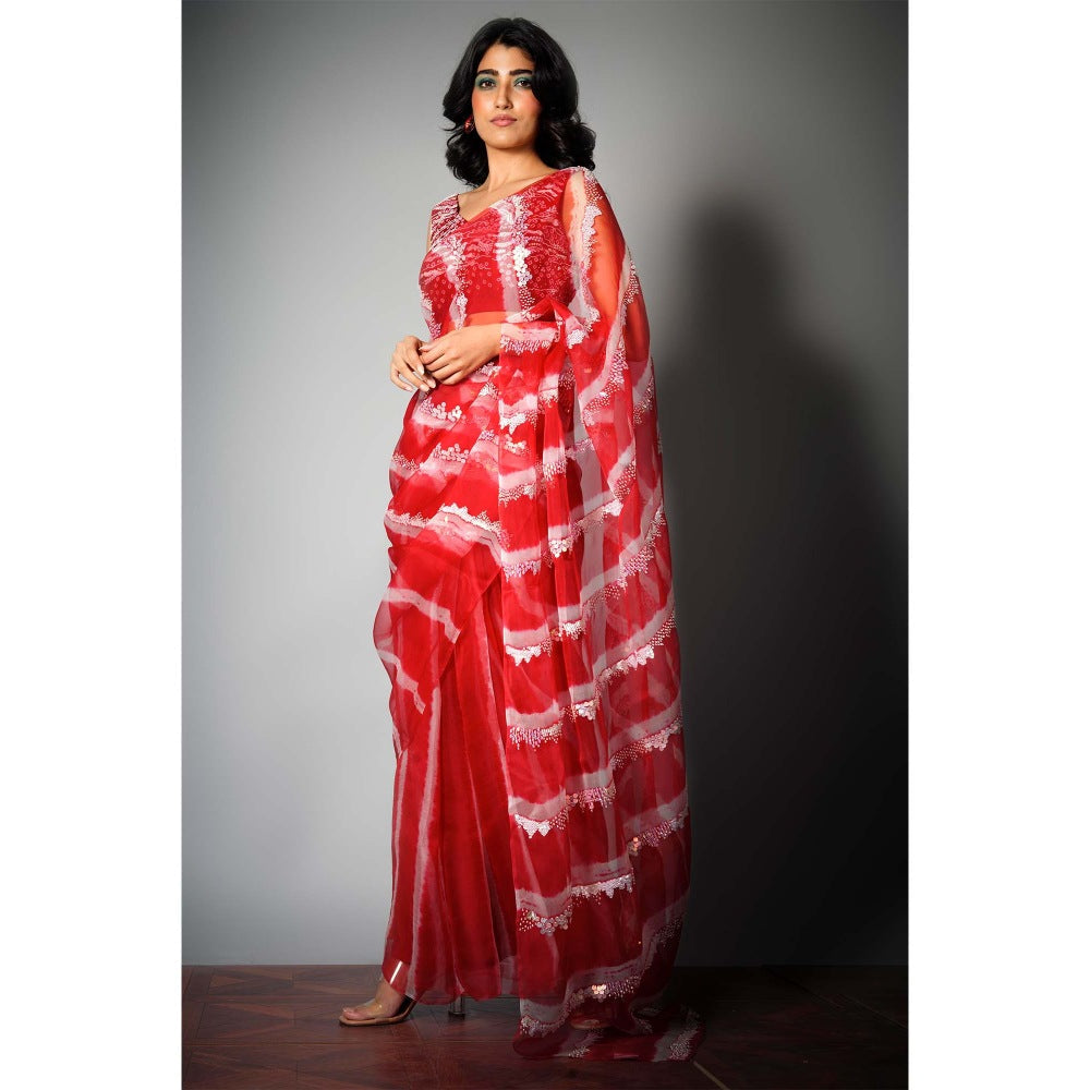 Saksham & Neharicka Red Silk Saree with Embroidery and Unstitched Blouse with Unstitched (Set of 2)