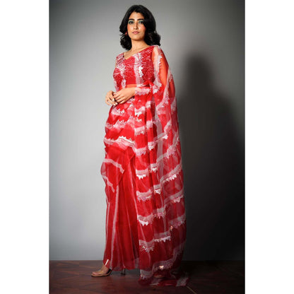 Saksham & Neharicka Red Silk Saree with Embroidery and Unstitched Blouse with Unstitched (Set of 2)