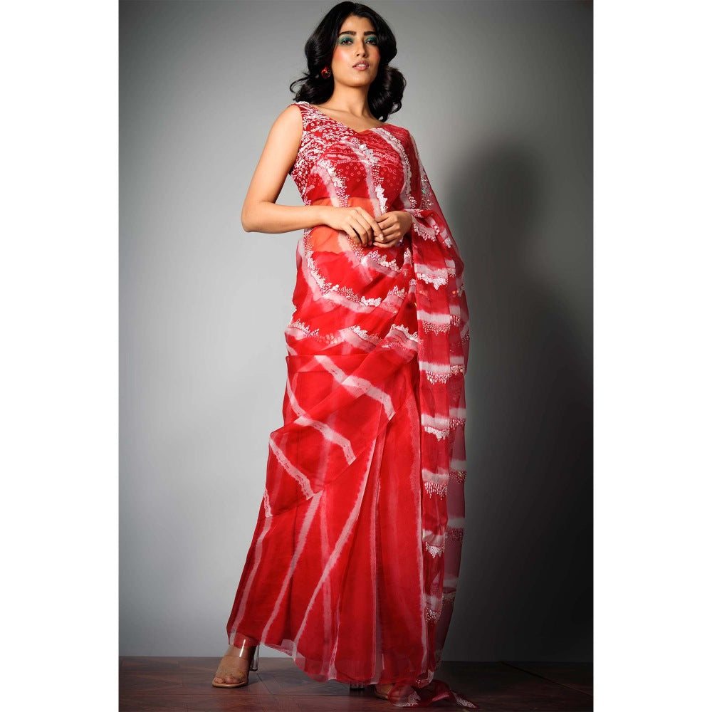 Saksham & Neharicka Red Silk Saree with Embroidery and Unstitched Blouse with Unstitched (Set of 2)