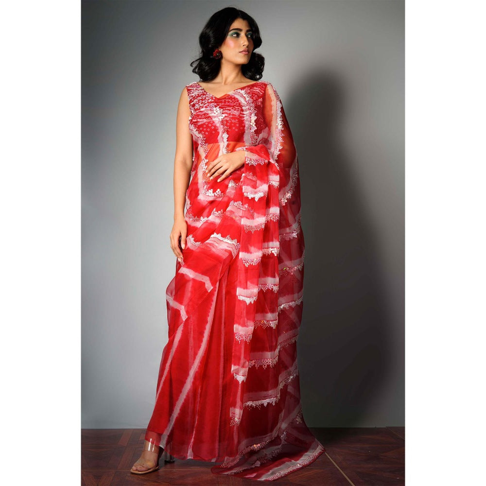 Saksham & Neharicka Red Silk Saree with Embroidery and Unstitched Blouse with Unstitched (Set of 2)