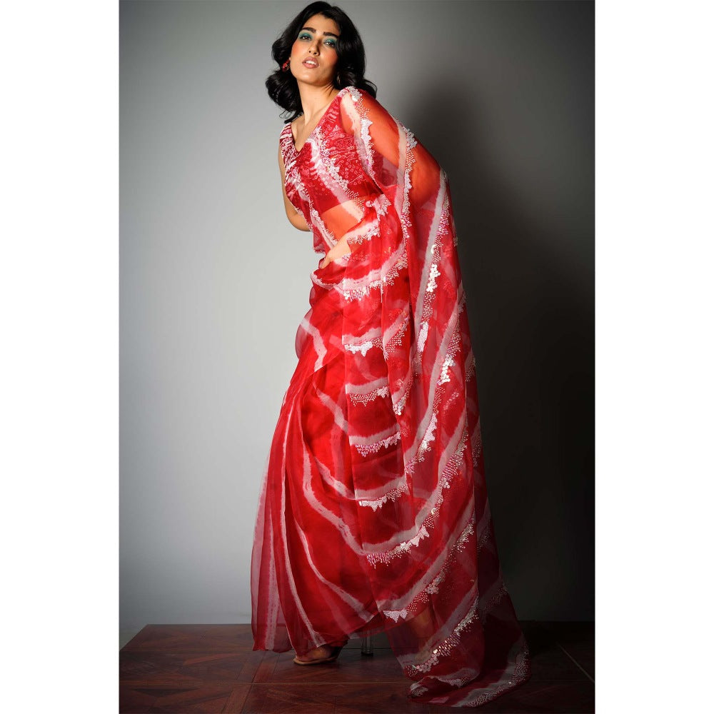Saksham & Neharicka Red Silk Saree with Embroidery and Unstitched Blouse with Unstitched (Set of 2)