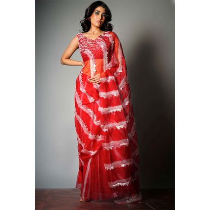 Saksham & Neharicka Red Silk Saree with Embroidery and Unstitched Blouse with Unstitched (Set of 2)