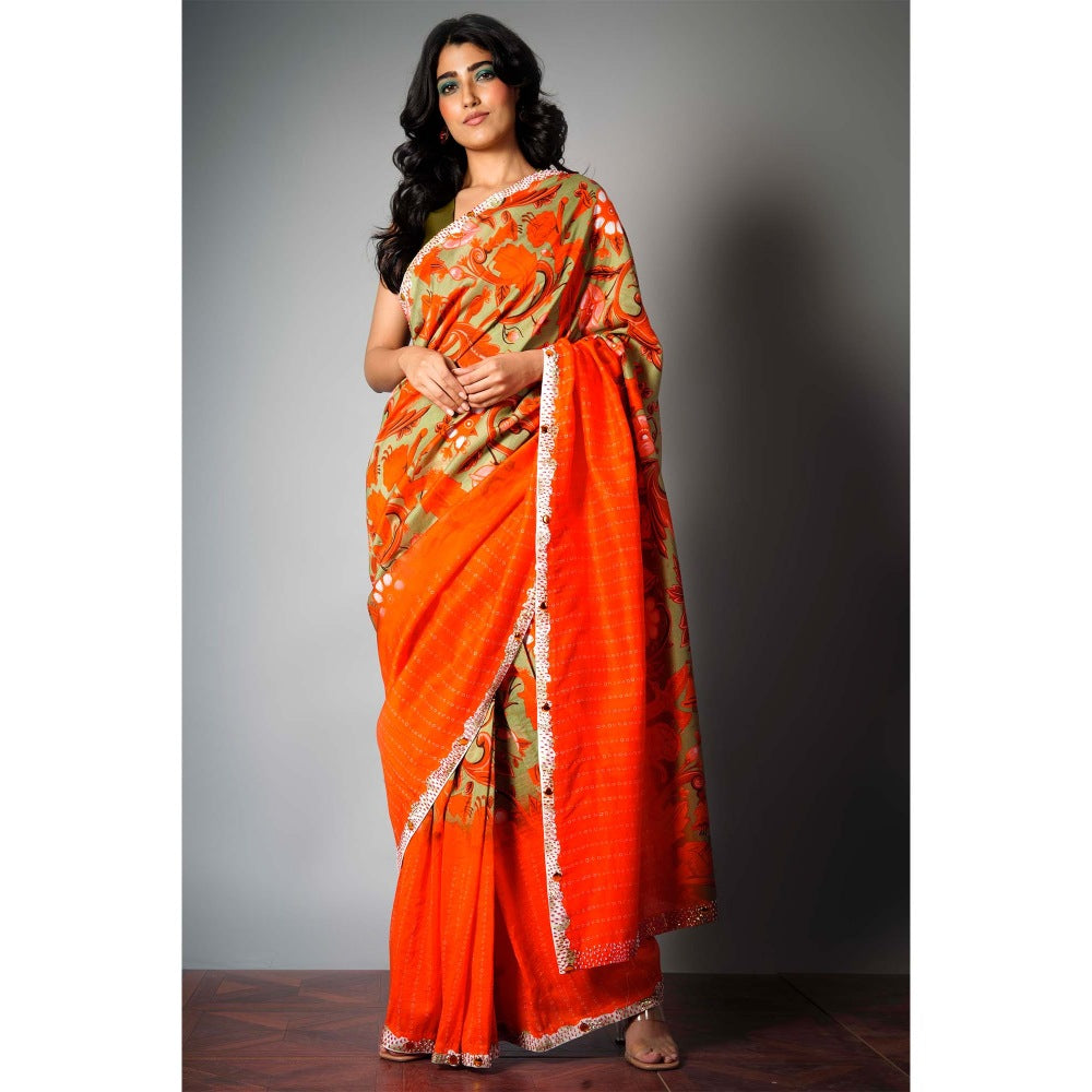 Saksham & Neharicka Red Printed & Embroidered Saree and Unstitched Blouse with Unstitched (Set of 2)