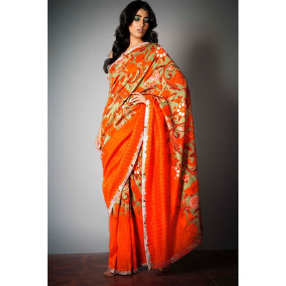 Saksham & Neharicka Red Printed & Embroidered Saree and Unstitched Blouse with Unstitched (Set of 2)