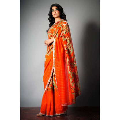 Saksham & Neharicka Red Printed & Embroidered Saree and Unstitched Blouse with Unstitched (Set of 2)