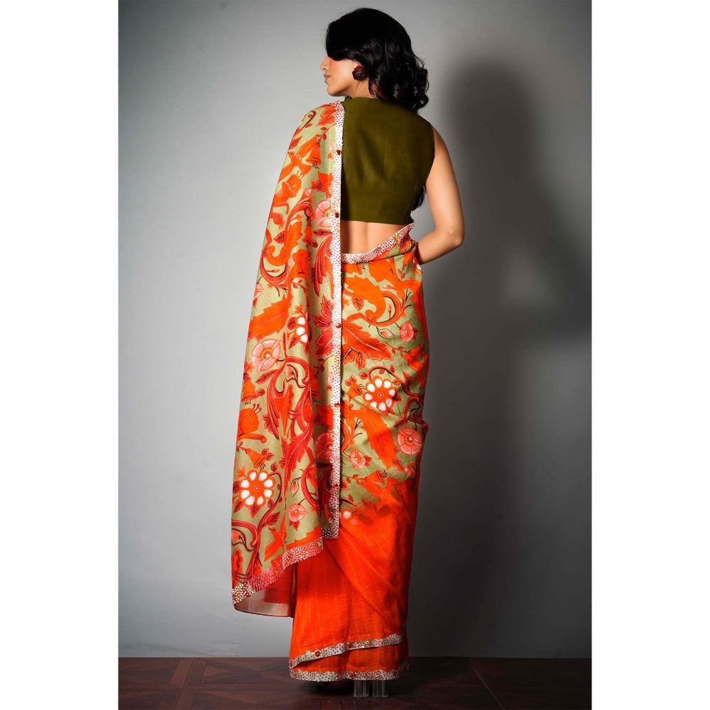 Saksham & Neharicka Red Printed & Embroidered Saree and Unstitched Blouse with Unstitched (Set of 2)