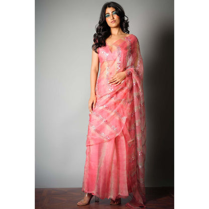 Saksham & Neharicka Pink Silk Saree with Embroidery and Unstitched Blouse with Unstitched (Set of 2)