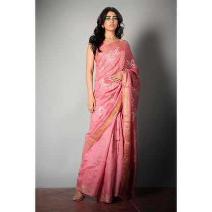 Saksham & Neharicka Pink Embroidered Silk Saree and Unstitched Blouse with Unstitched (Set of 2)