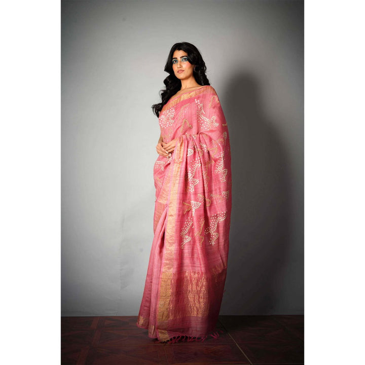 Saksham & Neharicka Pink Embroidered Silk Saree and Unstitched Blouse with Unstitched (Set of 2)
