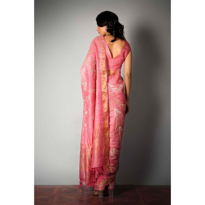 Saksham & Neharicka Pink Embroidered Silk Saree and Unstitched Blouse with Unstitched (Set of 2)