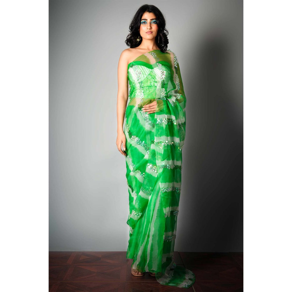 Saksham & Neharicka Green Silk Saree with Embroidery and Unstitched Blouse with Unstitched