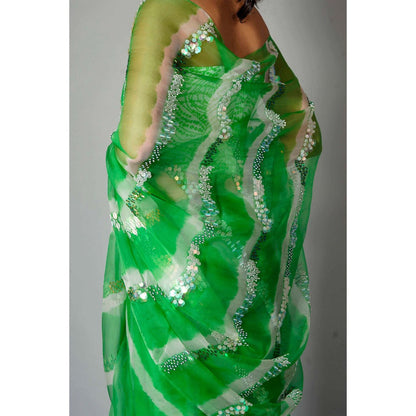 Saksham & Neharicka Green Silk Saree with Embroidery and Unstitched Blouse with Unstitched