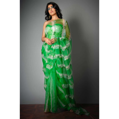 Saksham & Neharicka Green Silk Saree with Embroidery and Unstitched Blouse with Unstitched