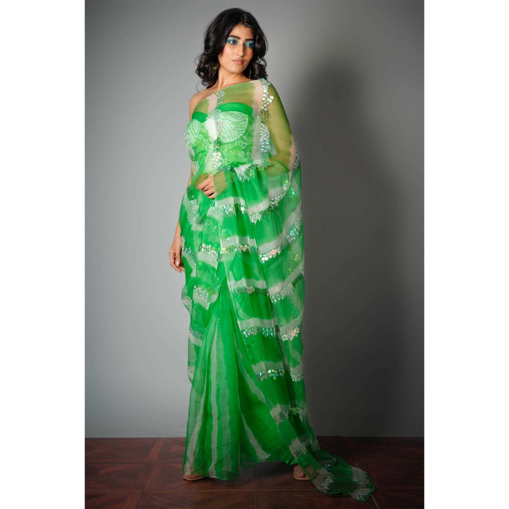 Saksham & Neharicka Green Silk Saree with Embroidery and Unstitched Blouse with Unstitched