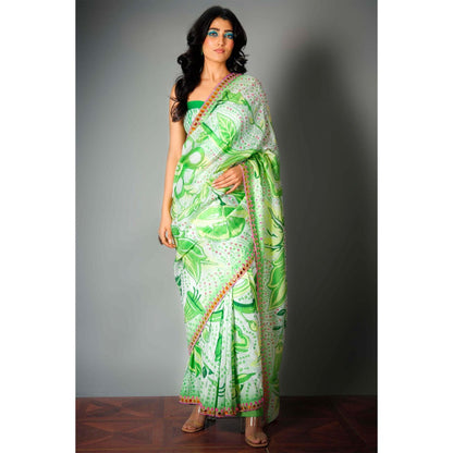Saksham & Neharicka Green Embroidered Saree and Unstitched Blouse with Unstitched (Set of 2)