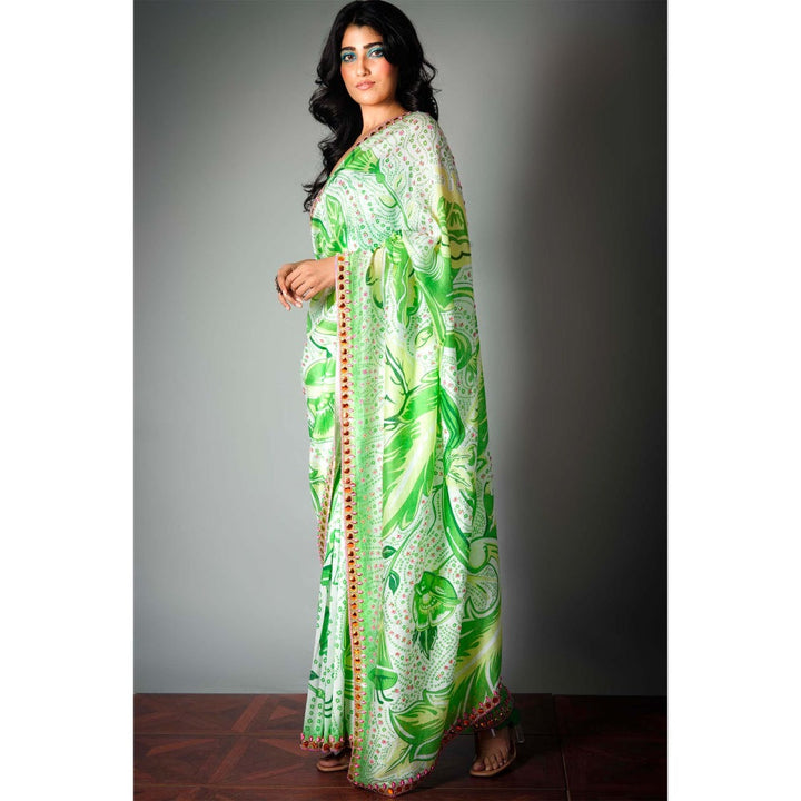 Saksham & Neharicka Green Embroidered Saree and Unstitched Blouse with Unstitched (Set of 2)