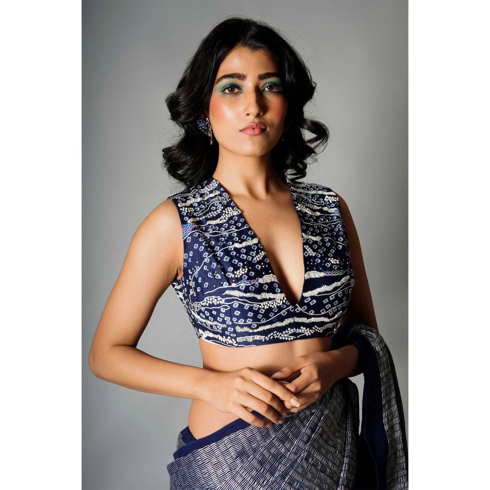 Saksham & Neharicka Indigo Blue Bandhani and Embroidered Stitched Blouse