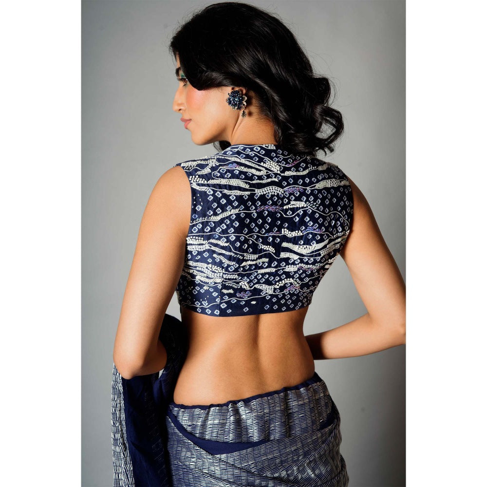 Saksham & Neharicka Indigo Blue Bandhani and Embroidered Stitched Blouse