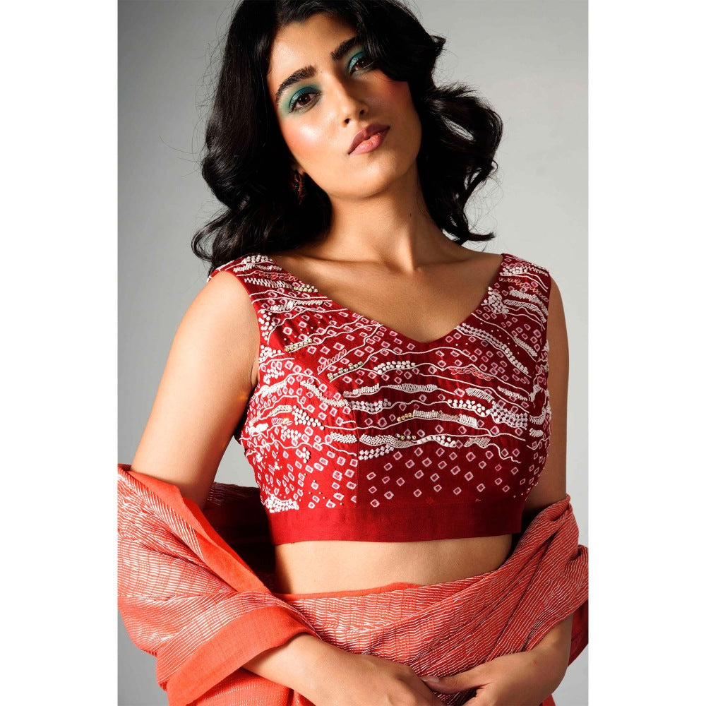 Saksham & Neharicka Red Bandhani and Embroidered Stitched Blouse