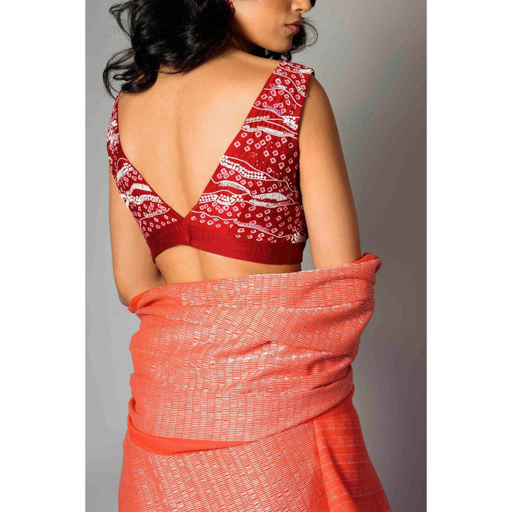 Saksham & Neharicka Red Bandhani and Embroidered Stitched Blouse
