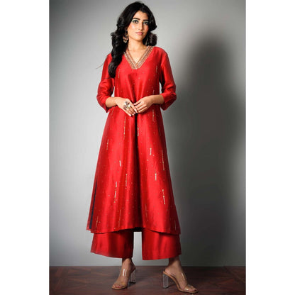 Saksham & Neharicka Red Embroidered Kurta In Chanderi (Set of 3)