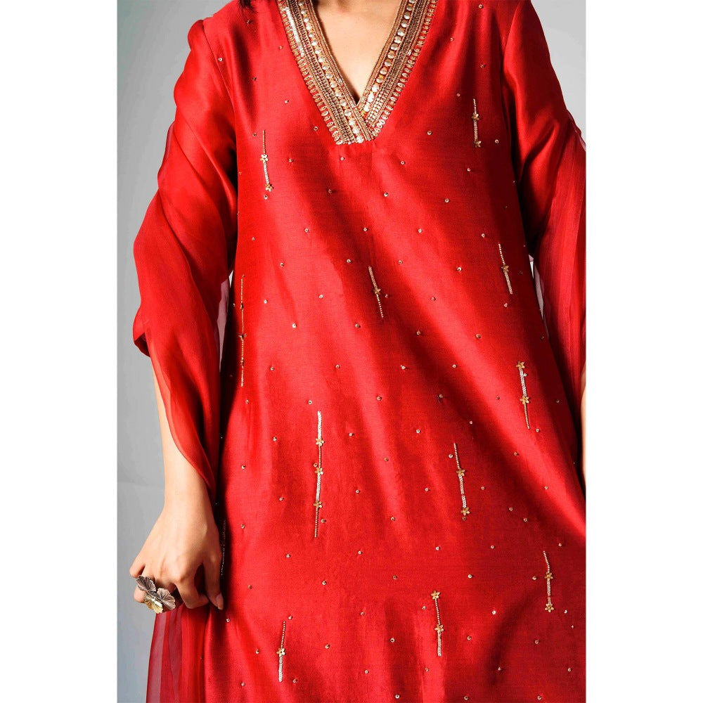 Saksham & Neharicka Red Embroidered Kurta In Chanderi (Set of 3)
