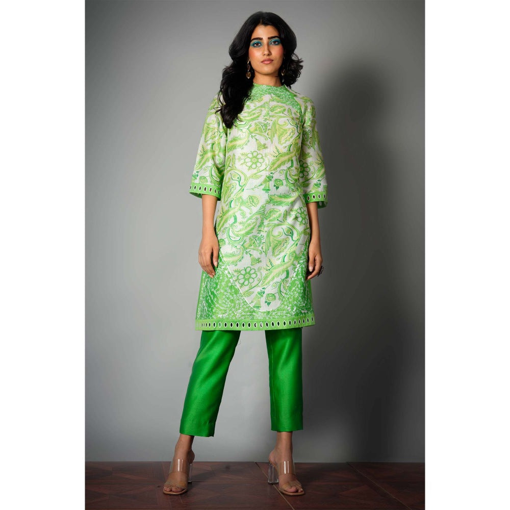 Saksham & Neharicka Green Printed & Bandhej Kurta In Chanderi (Set of 2)