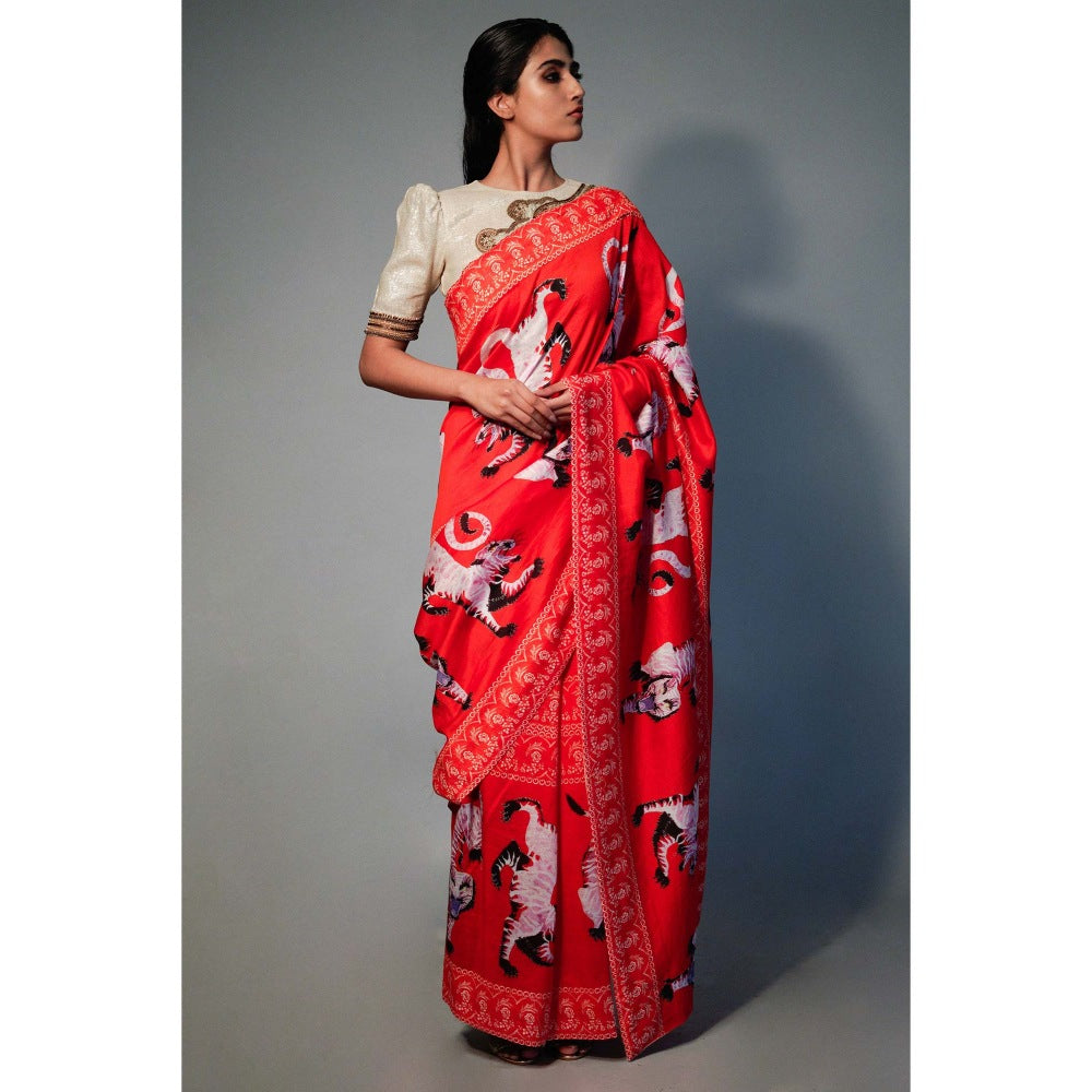 Saksham & Neharicka Red Tiger Printed Chanderi Saree with Unstitched Blouse