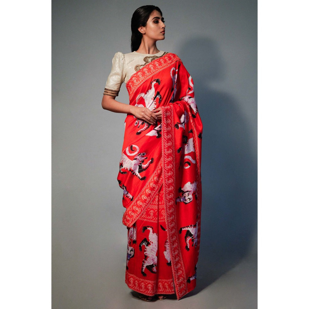 Saksham & Neharicka Red Tiger Printed Chanderi Saree with Unstitched Blouse