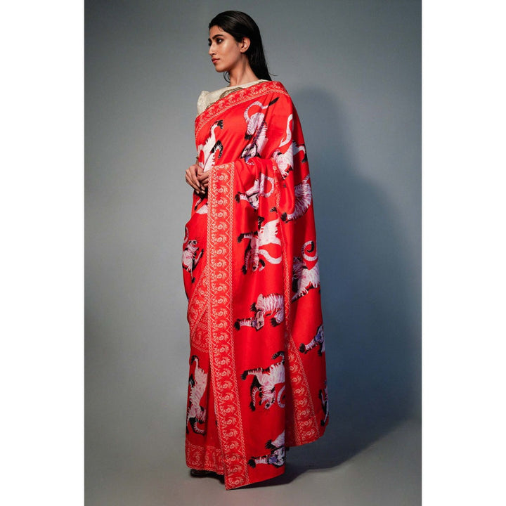 Saksham & Neharicka Red Tiger Printed Chanderi Saree with Unstitched Blouse