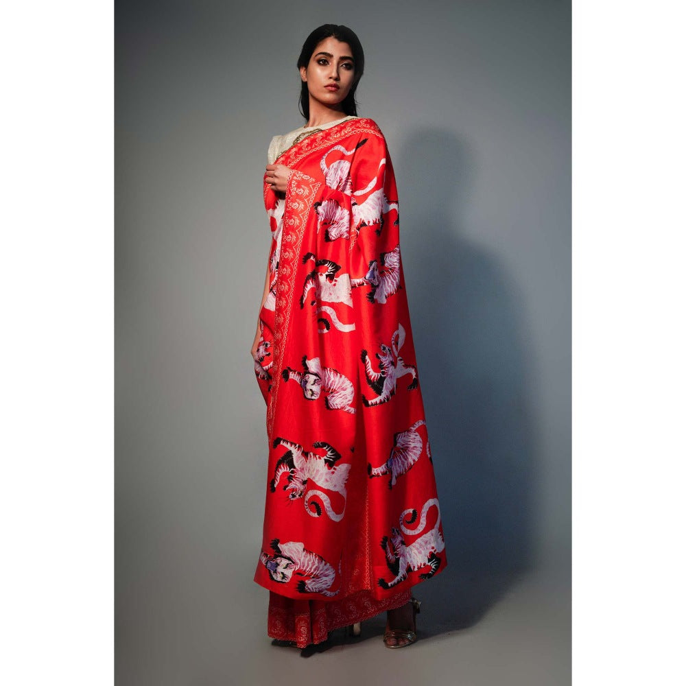 Saksham & Neharicka Red Tiger Printed Chanderi Saree with Unstitched Blouse