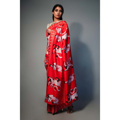 Saksham & Neharicka Red Tiger Printed Chanderi Saree with Unstitched Blouse