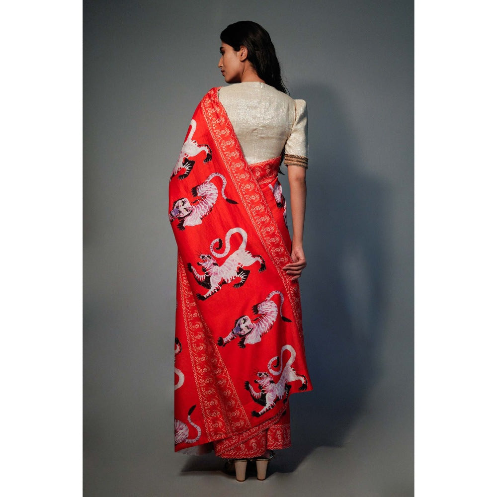 Saksham & Neharicka Red Tiger Printed Chanderi Saree with Unstitched Blouse