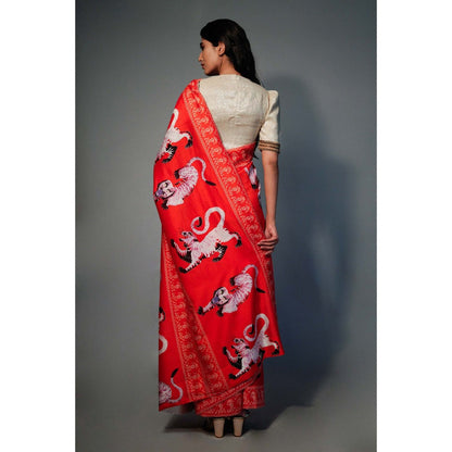 Saksham & Neharicka Red Tiger Printed Chanderi Saree with Unstitched Blouse