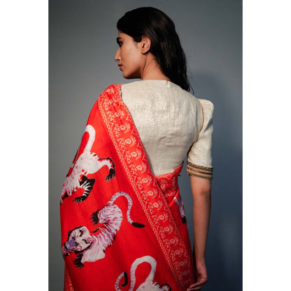 Saksham & Neharicka Red Tiger Printed Chanderi Saree with Unstitched Blouse