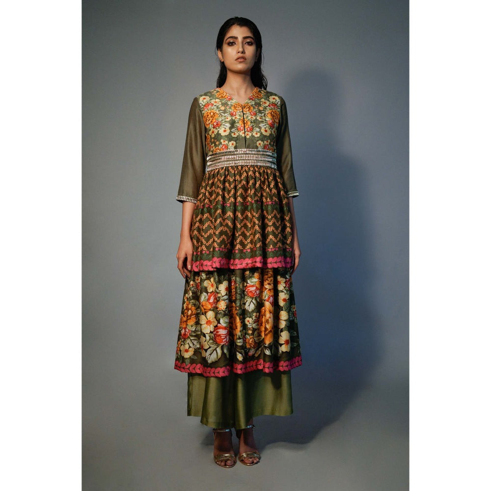 Saksham & Neharicka Olive Layered Kurta In Chanderi (Set of 2)