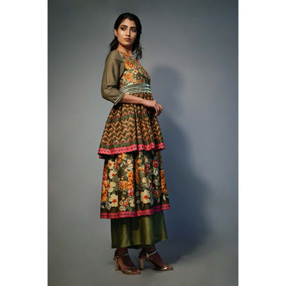 Saksham & Neharicka Olive Layered Kurta In Chanderi (Set of 2)